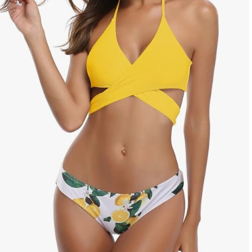 Lemon Print Lily Yellow Two Piece Bikini Swimsuit Large